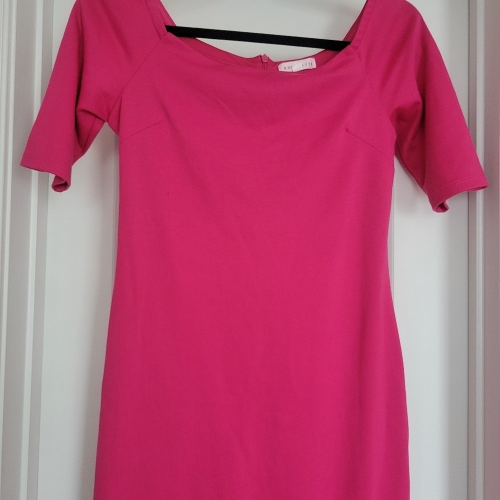 Socialite Bodycon Dress Hot Pink Stretch Square Neck Chic Size M - Picture 9 of 9